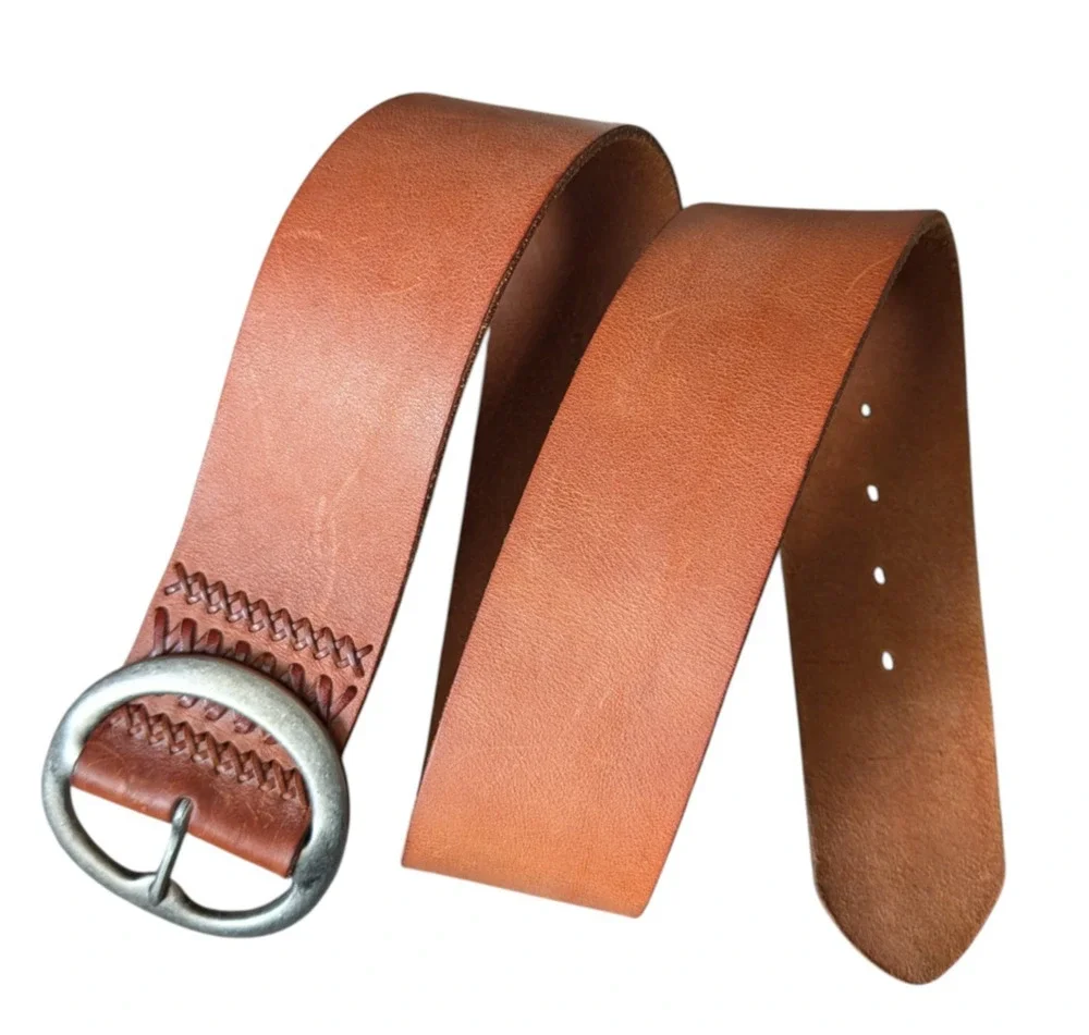 Fossil Tan Brown Leather Wide Waist Belt Size Small Modern Centerbar Whimsigoth